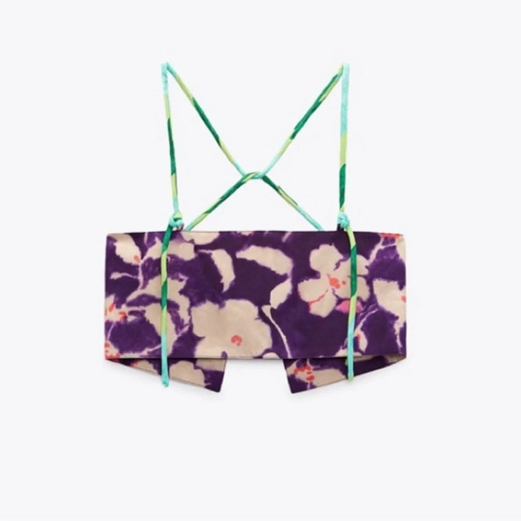 NEW! ZARA Purple Tie Dye Floral Bandeau Top SMALL DARING Hippie Boho Criss Cross - Picture 3 of 13